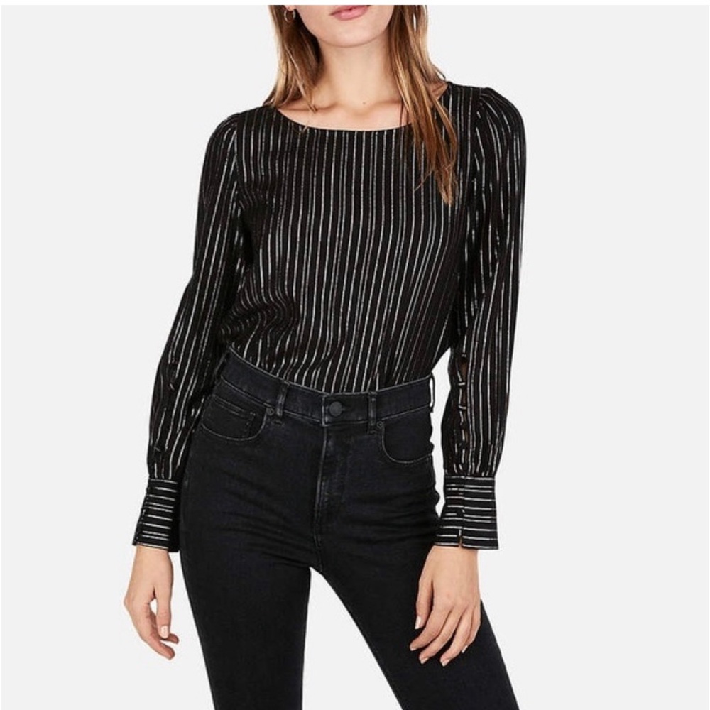 Express Women's Black W Gold Metalic Stripes Long Sleeve Blouse M